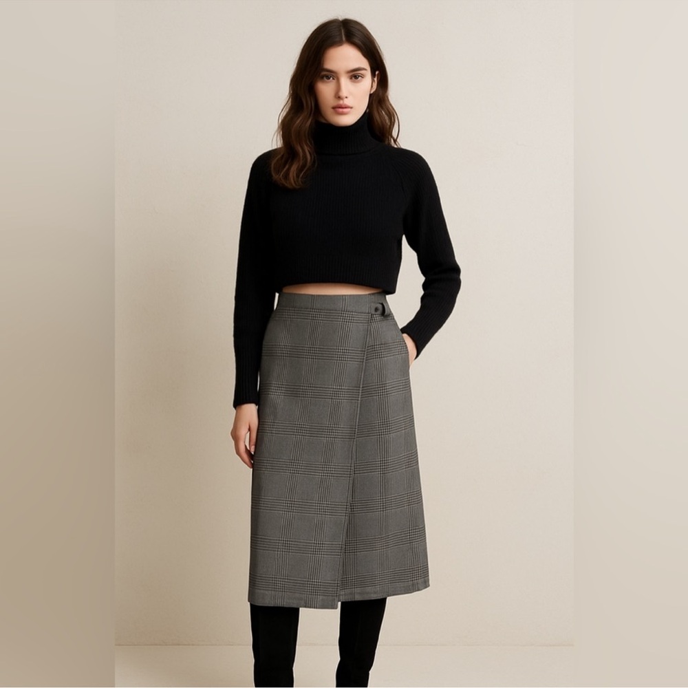 Ralph Lauren High-Waisted Silk Linen Wrap Maxi Skirt Tartan Plaid Black | Sz. 6